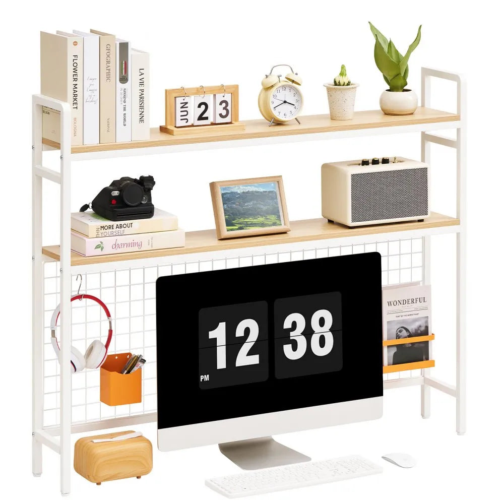 VEVOR Desktop Bookshelf 3-Tier Countertop Storage Hutch with Grid White, for Computer Desk, Metal Frame and Wooden Shelf, with Non-Slip Feet Pads, Desk Hutch Storage Organizer for Dorm, Home, Office
