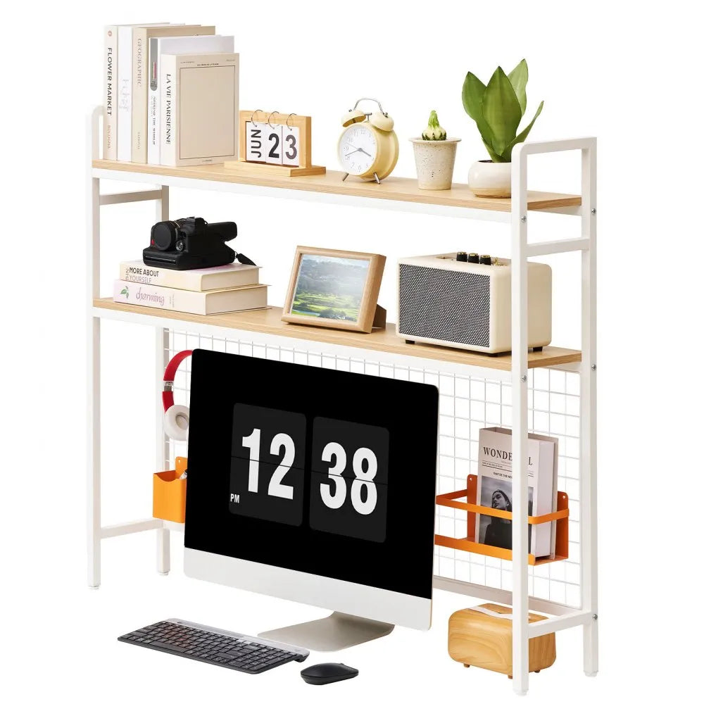 VEVOR Desktop Bookshelf 3-Tier Countertop Storage Hutch with Grid White, for Computer Desk, Metal Frame and Wooden Shelf, with Non-Slip Feet Pads, Desk Hutch Storage Organizer for Dorm, Home, Office