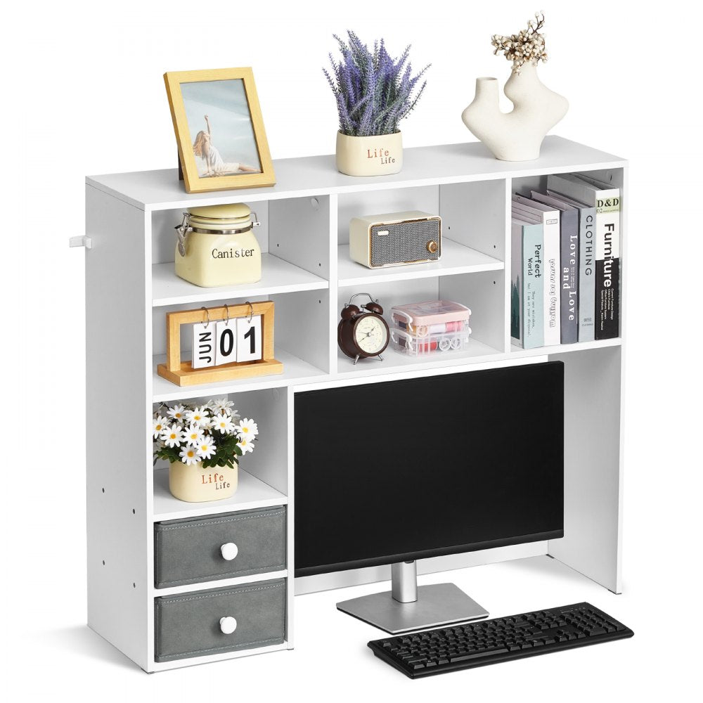 VEVOR Desktop Bookshelf, 3-Tier Desktop Storage Organizer, 37" x 10" x 31.1" Office Storage Rack Wood Display Shelf, Desktop Bookshelf Hutch with Two Fabric Drawers, for Office, Home & Dorm, White