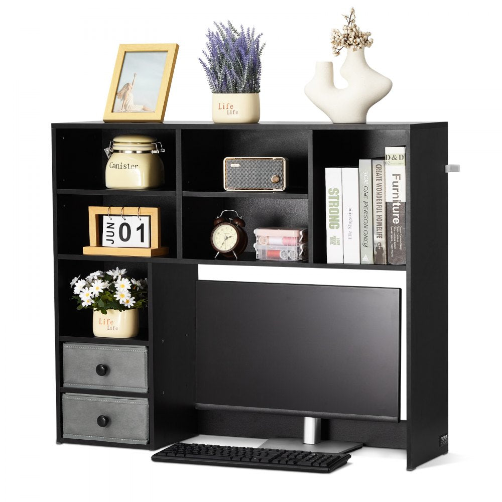 VEVOR Desktop Bookshelf, 3-Tier Desktop Storage Organizer, 37" x 10" x 31.1" Office Storage Rack Wood Display Shelf, Desktop Bookshelf Hutch with Two Fabric Drawers, for Office, Home & Dorm, Black