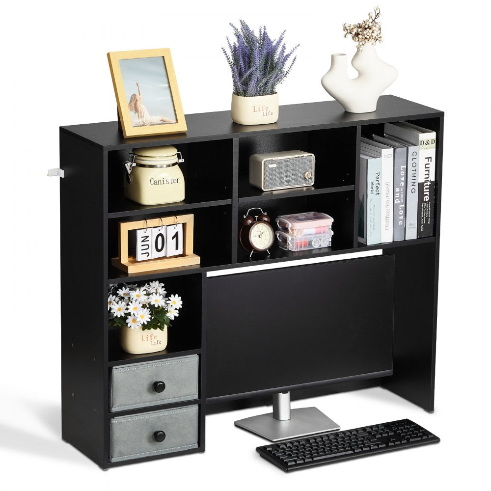 VEVOR Desktop Bookshelf, 3-Tier Desktop Storage Organizer, 37" x 10" x 31.1" Office Storage Rack Wood Display Shelf, Desktop Bookshelf Hutch with Two Fabric Drawers, for Office, Home & Dorm, Black