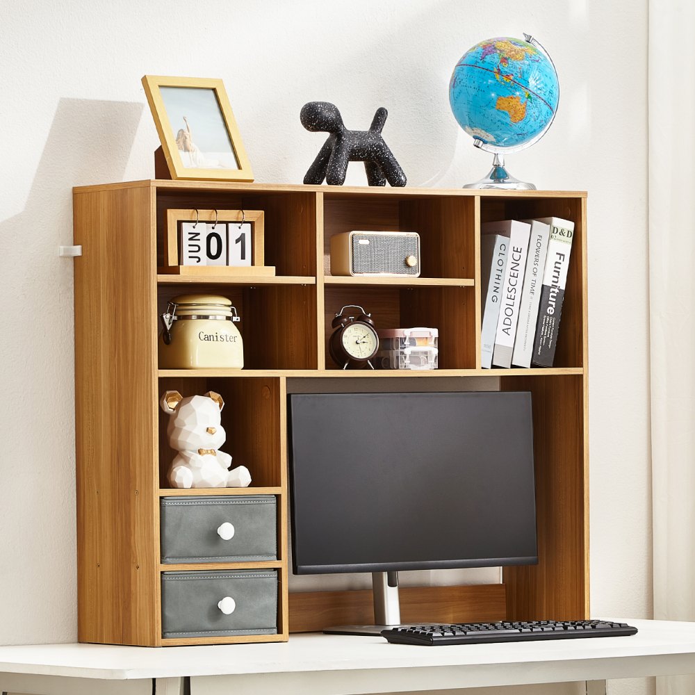 VEVOR Desktop Bookshelf, 3-Tier Wood Desktop Storage Organizer, 37" x 10" x 31.1" Office Storage Rack Wood Display Shelf, Desktop Bookshelf Hutch with Two Fabric Drawers, for Office, Home & Dorm