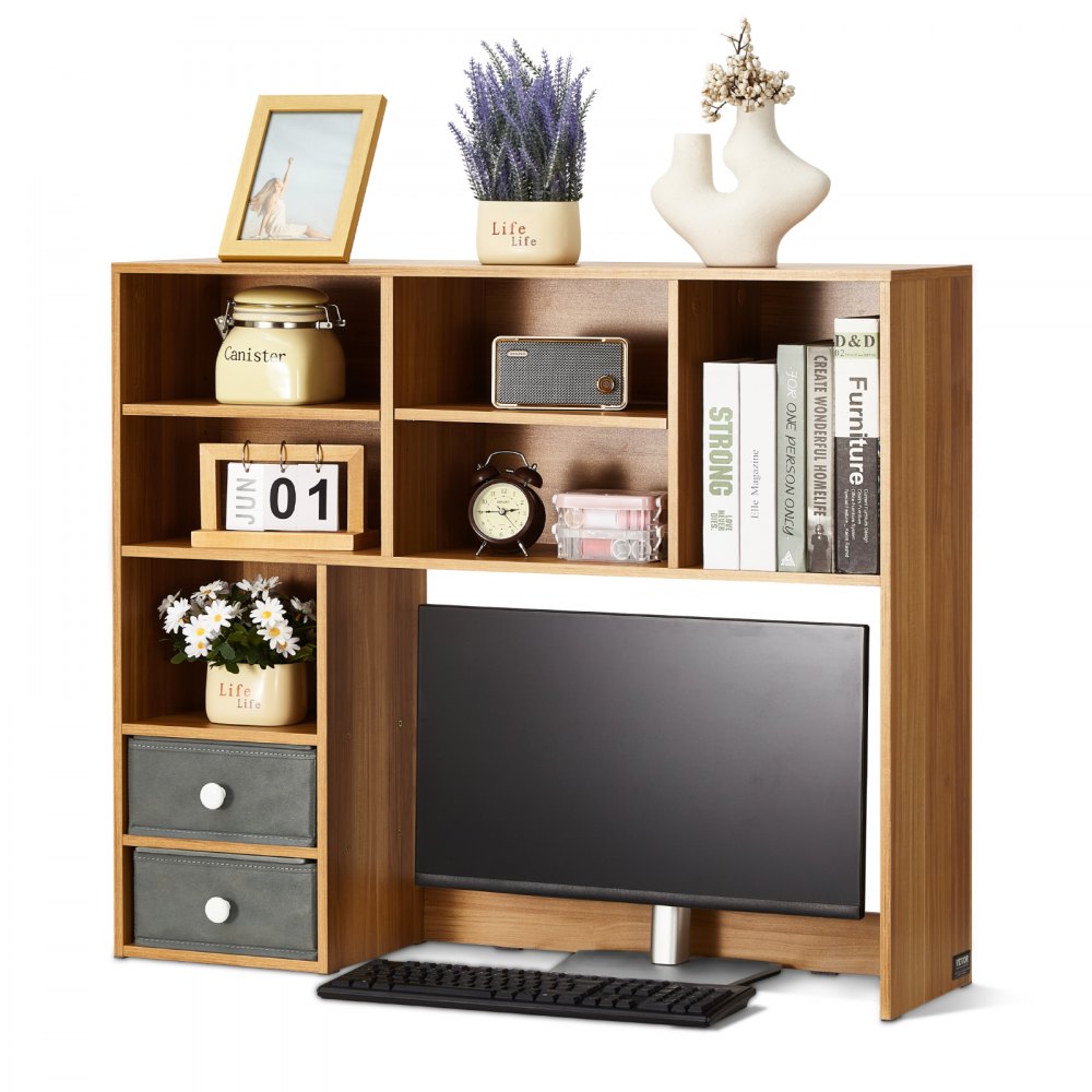 VEVOR Desktop Bookshelf, 3-Tier Wood Desktop Storage Organizer, 37" x 10" x 31.1" Office Storage Rack Wood Display Shelf, Desktop Bookshelf Hutch with Two Fabric Drawers, for Office, Home & Dorm
