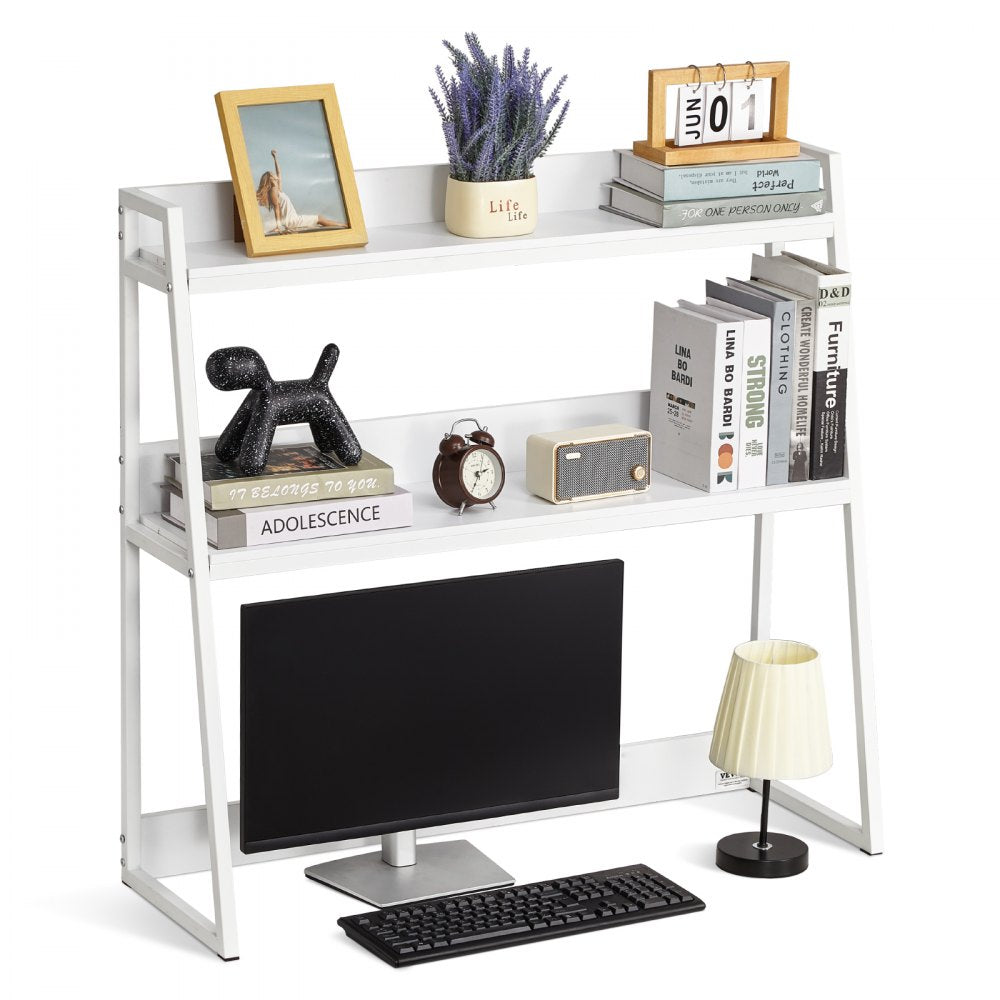 VEVOR Desktop Bookshelf, 2-Tier Desktop Storage Organizer, 37.4" x 12.6" x 35.4" Office Desk Storage Rack Display Shelf, Desktop Bookshelf Hutch with Anti-Slip Feet Pads, for Office, Home & Dorm, White
