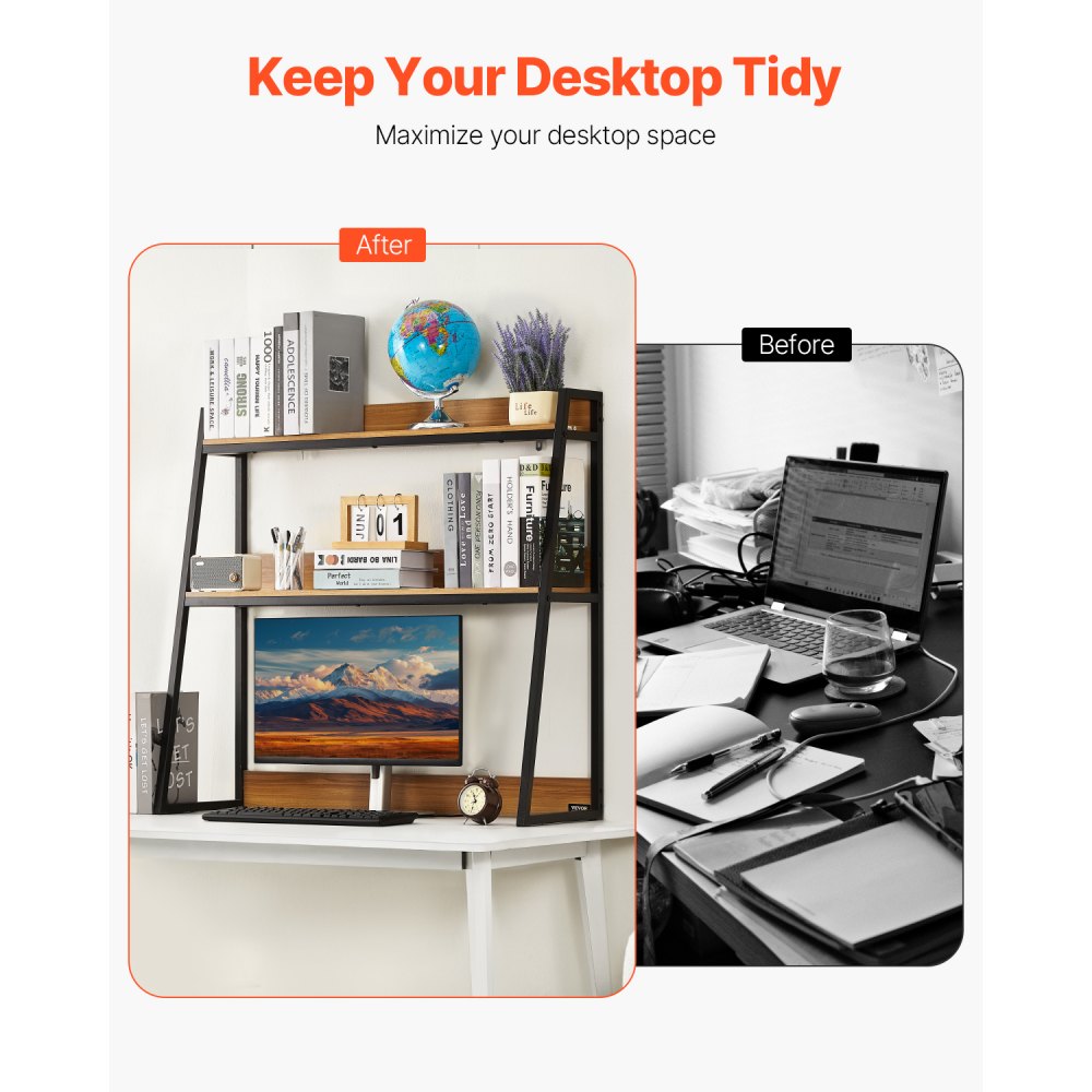 VEVOR Desktop Bookshelf, 2-Tier Desktop Storage Organizer, 37.4" x 12.6" x 35.4" Office Storage Rack Wood Color Display Shelf, Desktop Bookshelf Hutch with Anti-Slip Feet Pads, for Office, Home & Dorm