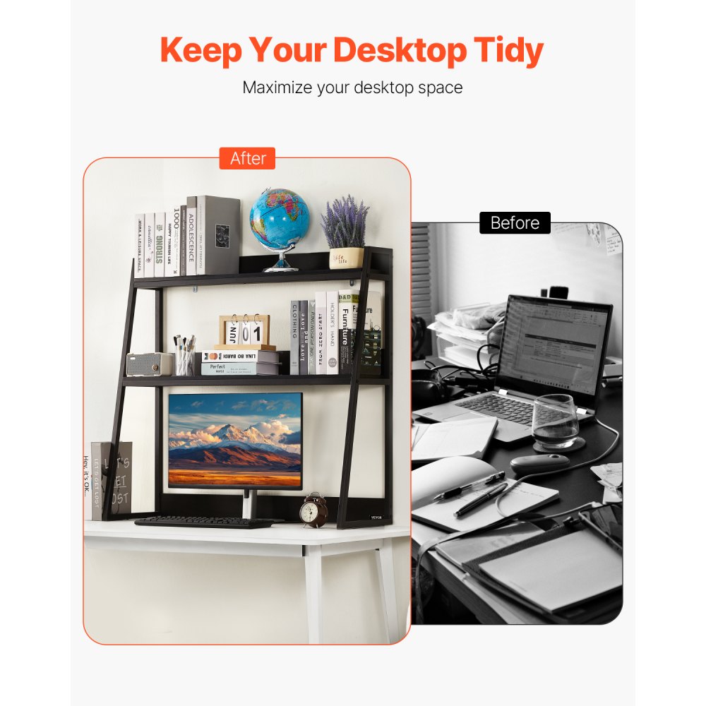 VEVOR Desktop Bookshelf, 2-Tier Desktop Storage Organizer, 37.4" x 12.6" x 35.4" Office Desk Storage Rack Display Shelf, Desktop Bookshelf Hutch with Anti-Slip Feet Pads, for Office, Home & Dorm, Black