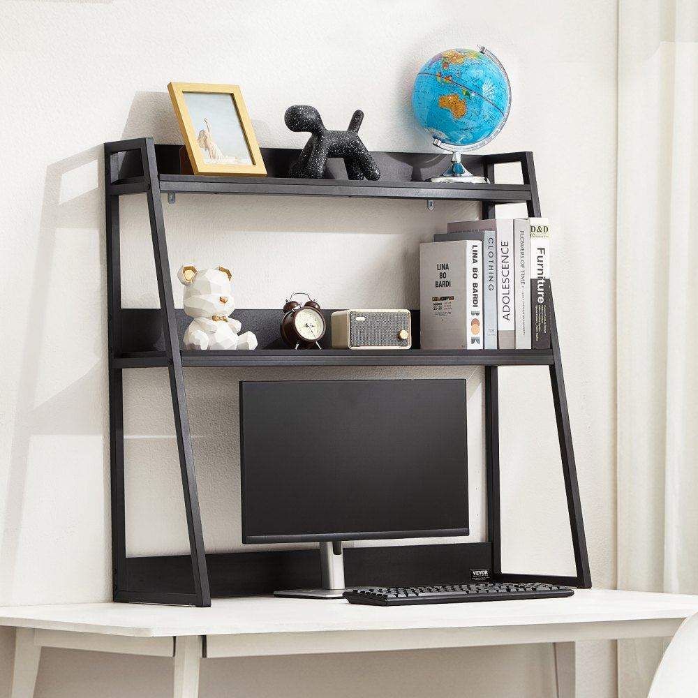 VEVOR Desktop Bookshelf, 2-Tier Desktop Storage Organizer, 37.4" x 12.6" x 35.4" Office Desk Storage Rack Display Shelf, Desktop Bookshelf Hutch with Anti-Slip Feet Pads, for Office, Home & Dorm, Black