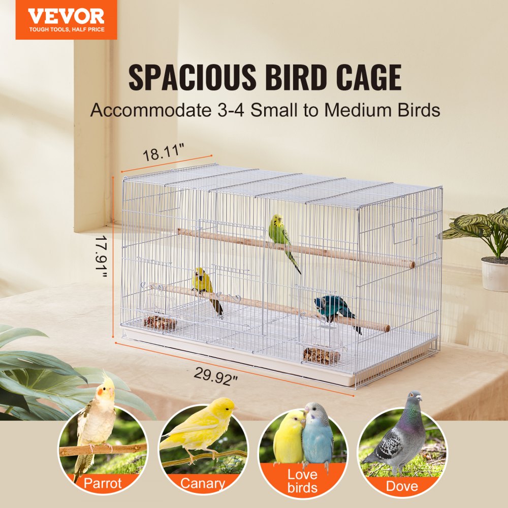 VEVOR 30-inch Flight Bird Cage, Stackable Bird Cage for Small Parrots Canaries Cockatiels Lovebirds Finches Budgies Conures Macaws Pet Travel Birdcage with Handle and Perches