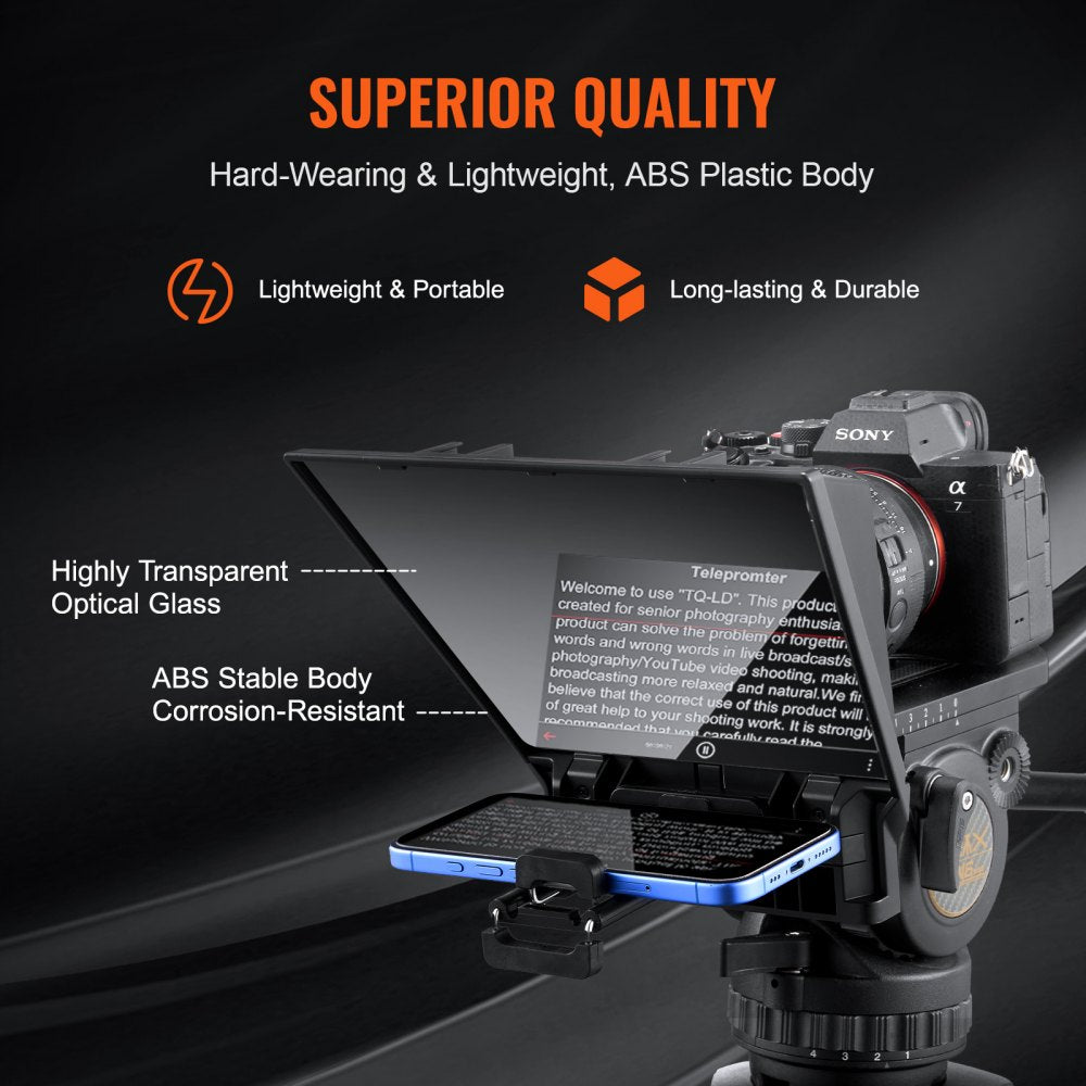 VEVOR Teleprompter, 8" Aluminum Alloy, Desktop Prompter with Adjustable Spectroscope, Remote Control, for YouTube, Twitch, Zoom, Supports DSLR/Webcam/Smartphone, for Video Recording/Live Streaming