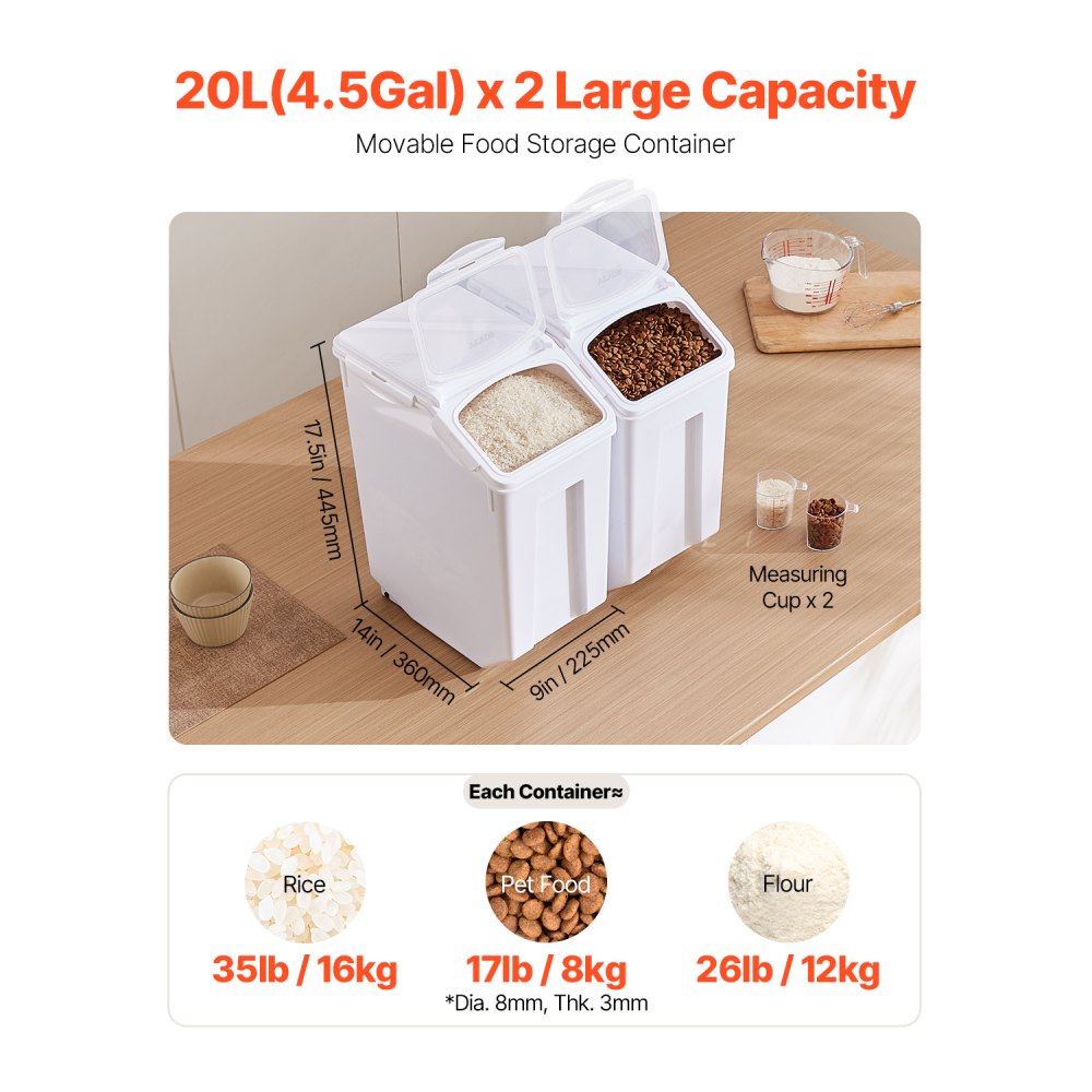 VEVOR Rice Storage Container, 4.5Gallon/20L x2 Capacity Large Dog Food Dispenser Bin, Kitchen Ingredient Grain Cereal Flour Bin, Pet food Containers with Wheels, 2 Measuring Cups, Airtight Lid, 2 Pack