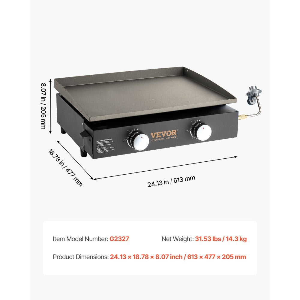 VEVOR Commercial Griddle, 22.4" Heavy Duty Manual Flat Top Griddle, Countertop Gas Grill with Non-Stick Cooking Plate, Countertop Gas Griddle, H-Shaped Burner Restaurant Portable Grill, 13,000 BTU