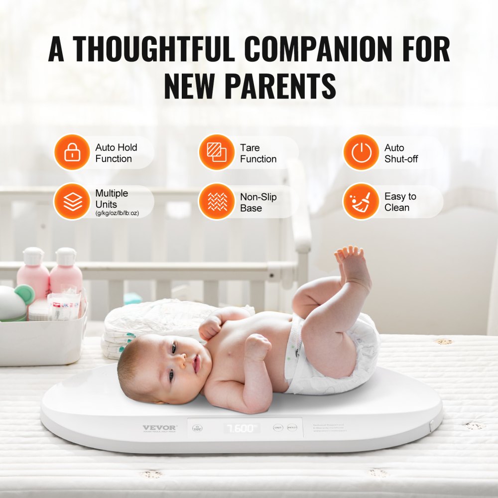 VEVOR Baby Scale, Smart Bluetooth Infant Scale with Measuring Tape, Digital Toddler Scale for Weight and Height Track - with Hold & Tare Function, 5 Units for Babies, Toddlers, Pets, 88LBS Capacity