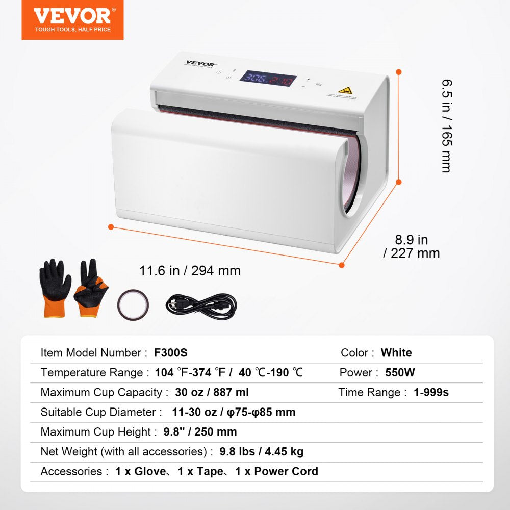 VEVOR Auto Tumbler Heat Press Machine, Mug Heat Press for 11-30oz Sublimation Tumblers, Heat Up Fast and Even, Tumbler Press with Tape and Glove, Temp and Time Setting, for Tumblers, Cups, Mugs, White