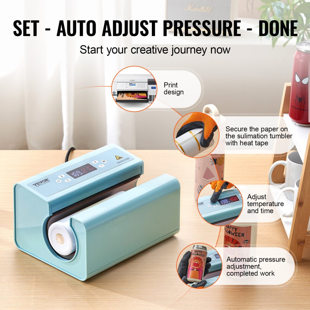 VEVOR Auto Tumbler Heat Press Machine, Mug Heat Press for 11-30oz Sublimation Tumblers, Heat Up Fast and Even, Tumbler Press with Tape and Glove, Temp and Time Setting, for Tumblers, Cups, Mugs, Blue