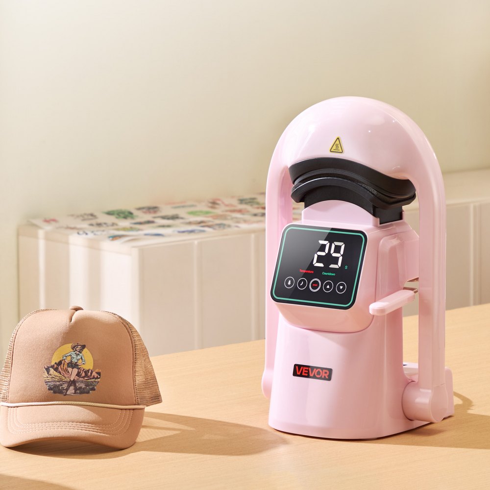 VEVOR Auto Hat Heat Press Machine, with 2pcs Interchangeable Platens, Automatic Open and Release, Touchscreen for Precise Time and Temperature Control, Heat Transfer Printing for Caps, Hats, Pink