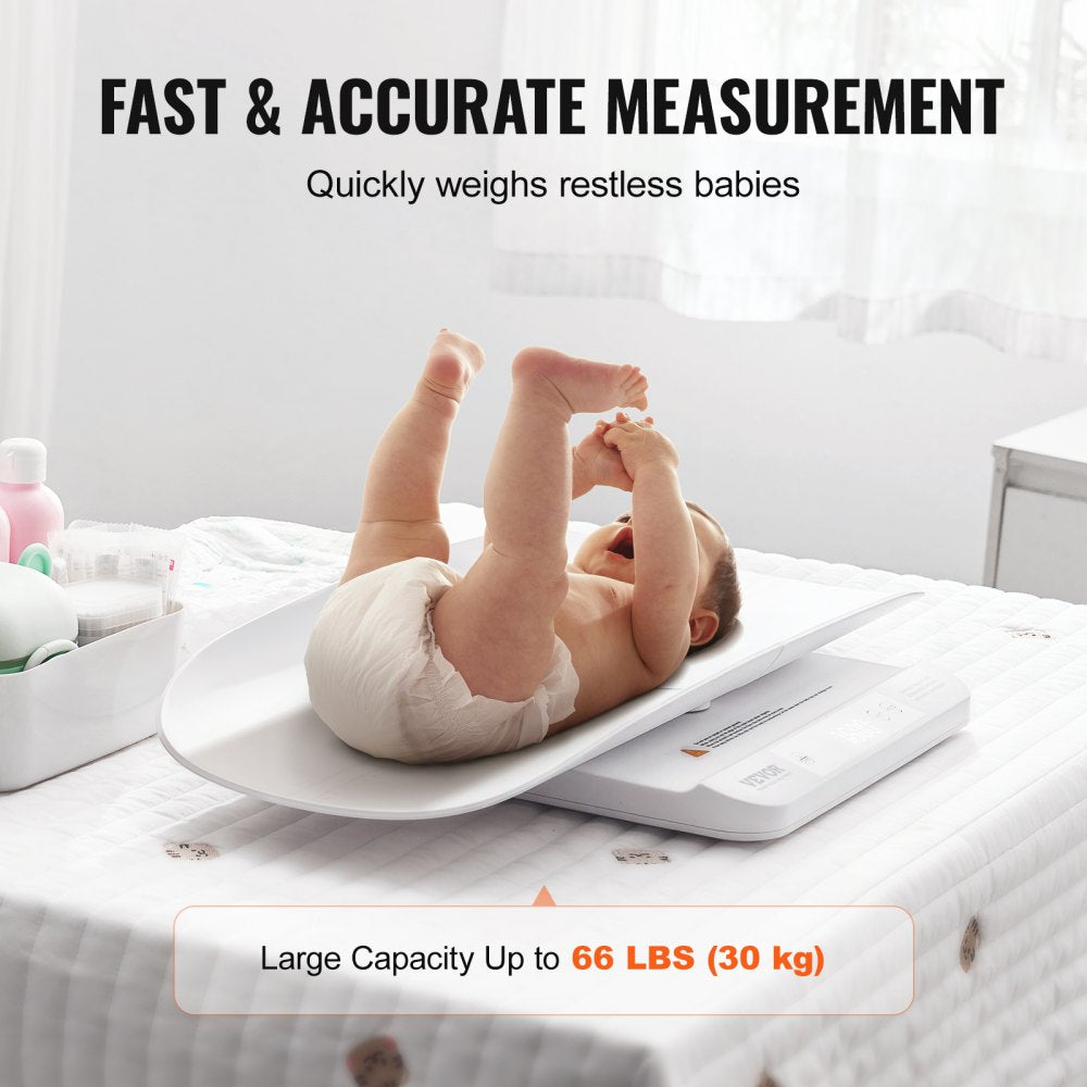 VEVOR Baby Scale, Smart Bluetooth Infant Weight Scale, 2-in-1 Digital Baby Scale for Weighing with Detachable Tray, Hold & Tare Function, 5 Units for Toddler, Pet, 66LBS Capacity (3 x Battery Include)
