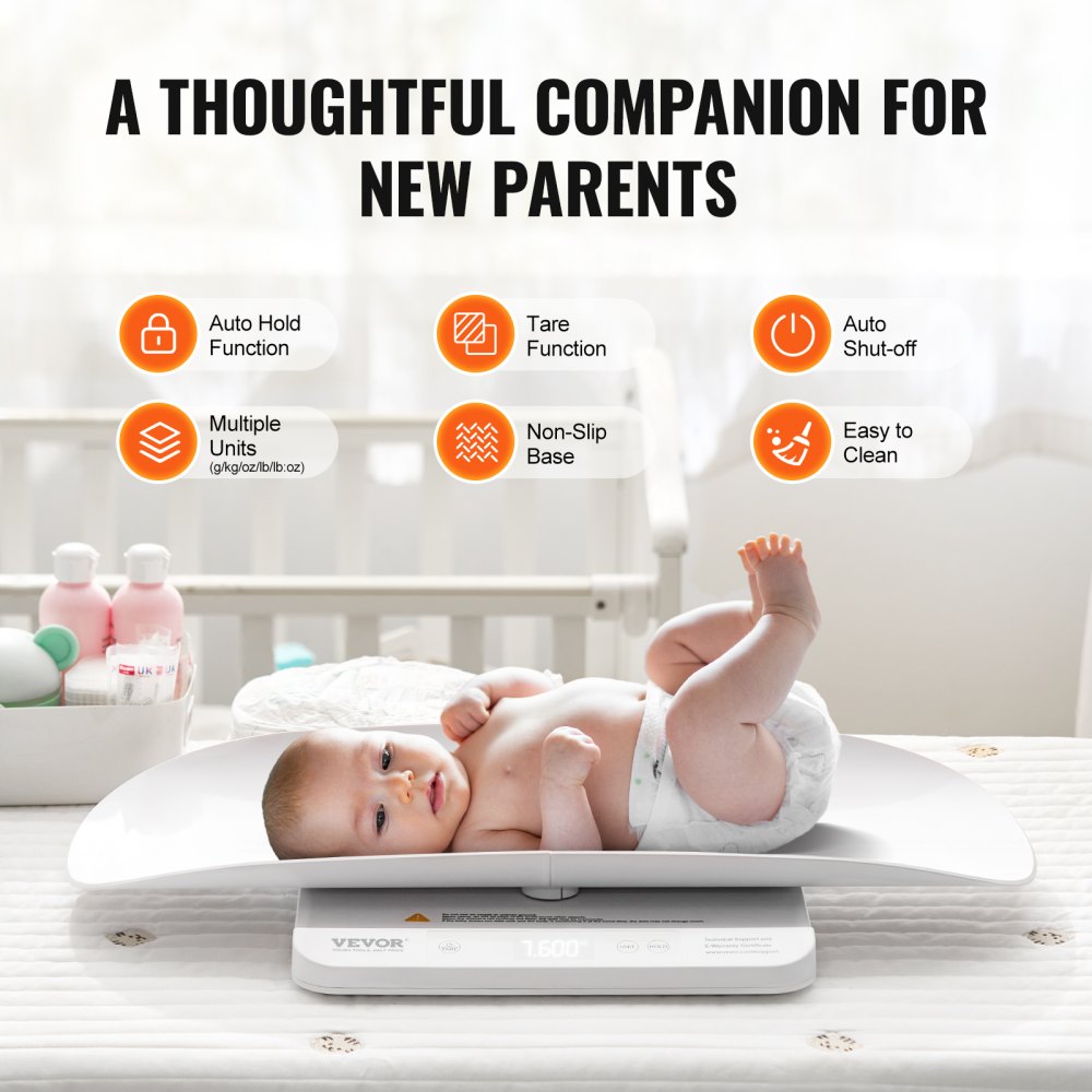 VEVOR Baby Scale, Smart Bluetooth Infant Weight Scale, 2-in-1 Digital Baby Scale for Weighing with Detachable Tray, Hold & Tare Function, 5 Units for Toddler, Pet, 66LBS Capacity (3 x Battery Include)