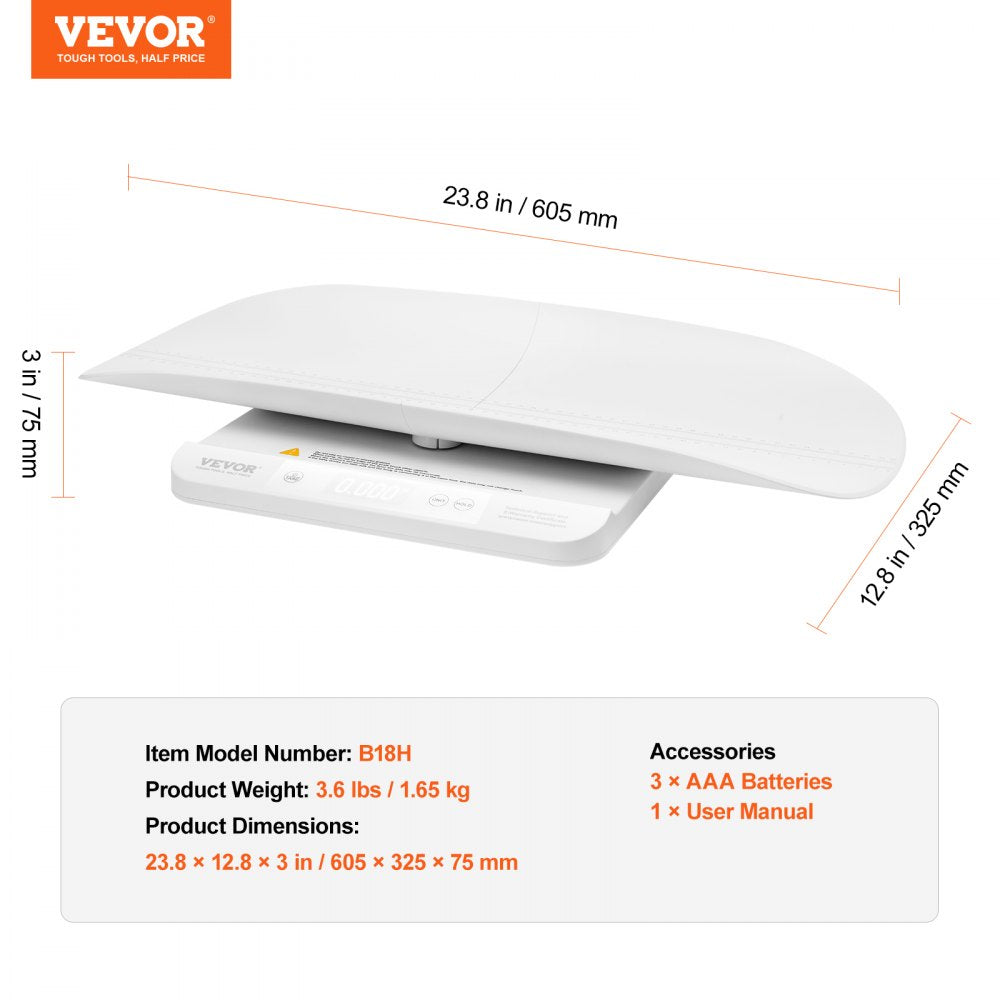 VEVOR Baby Scale, Smart Bluetooth Infant Weight Scale, 2-in-1 Digital Baby Scale for Weighing with Detachable Tray, Hold & Tare Function, 5 Units for Toddler, Pet, 66LBS Capacity (3 x Battery Include)