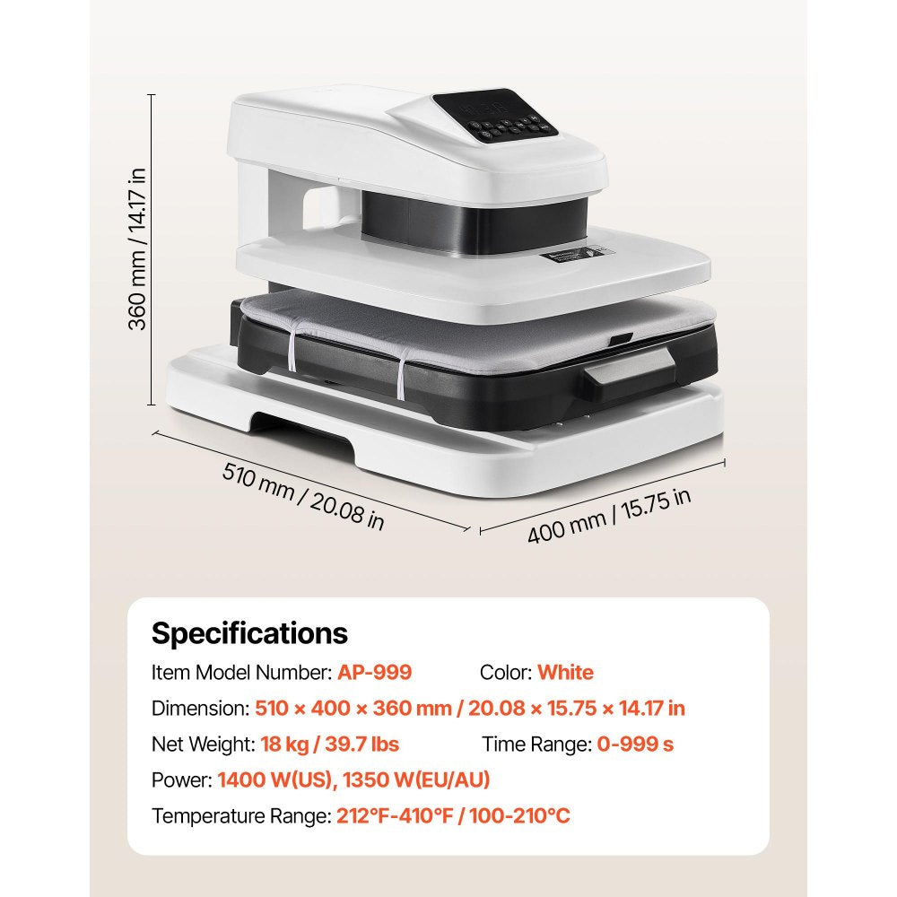 VEVOR Auto Heat Press Machine 15 x 15 inch T-Shirt Press Machine White, Auto Release and Adjustable Pressure, Digital Display, Rapid and Even Heating, for Sublimation, Vinyl, Heat Transfer Projects