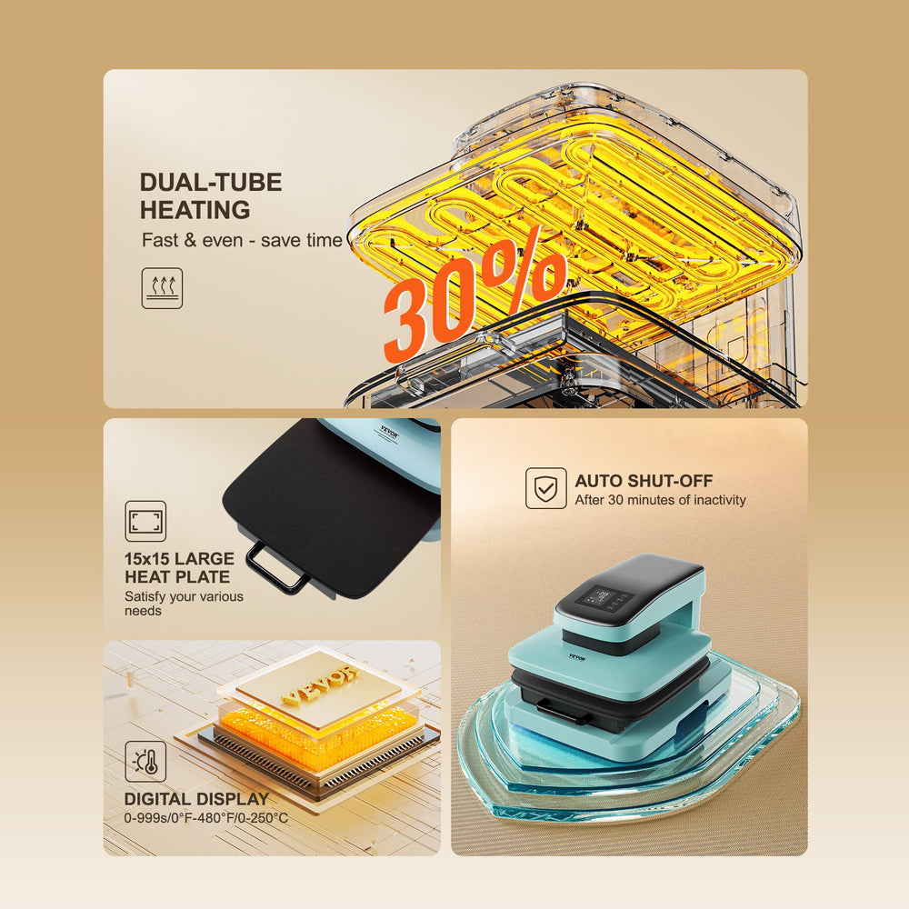 Dual-tube heating, 15x15 large heat plate, auto shut-off, digital display