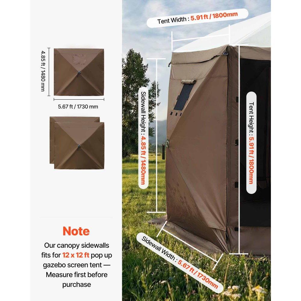 VEVOR Canopy Sidewalls, 5.67 x 4.85 ft, Canopy Tent Walls with Waterproof and Sunlight Protection Layer, One-Sided Window Design, Fit for Outdoor Event Tents, Vendor Booths (3 Sidewalls Only, Brown)