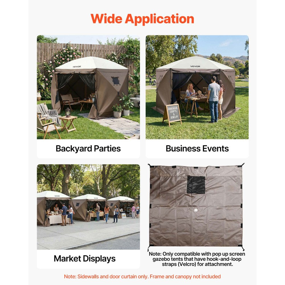 VEVOR Canopy Sidewalls, 5.67 x 4.85 ft, Canopy Tent Walls with Waterproof and Sunlight Protection, 1 Zippered Door & 2 Windows Design for Outdoor Event Tents, Vendor Booths (6 Sidewalls Only, Brown)