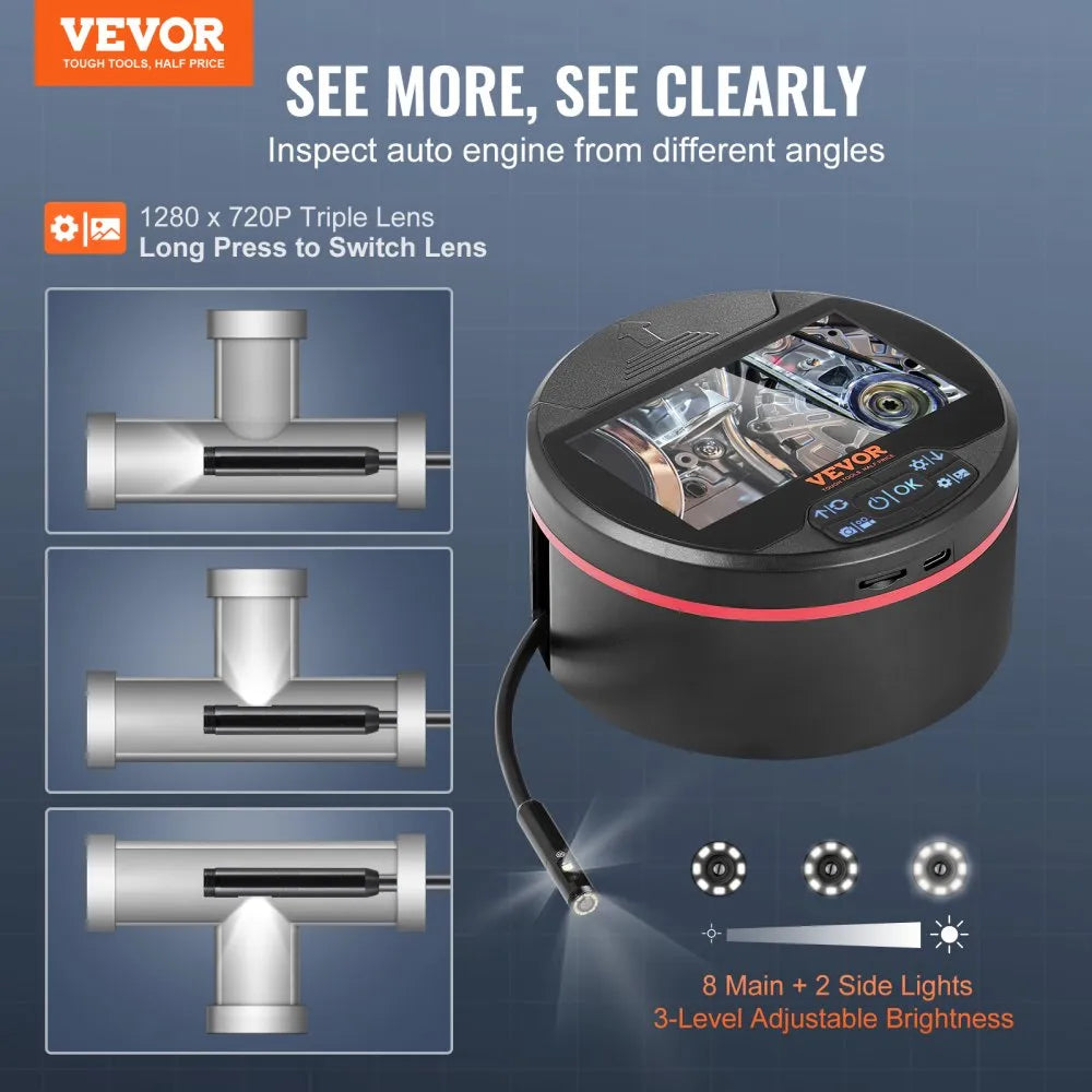 VEVOR Borescope Triple Lens Endoscope Camera with Light, 4.3" IPS Screen Inspection Camera with 8 + 2 Lights, IP67 Waterproof Snake Scope Camera for Automotive, Plumbing (16.4FT Cable, 32GB Card)