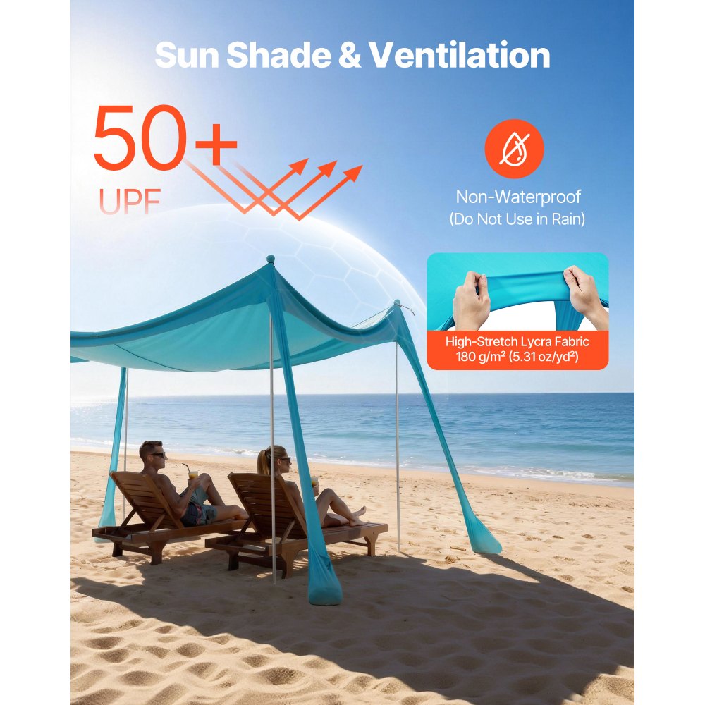 VEVOR Beach Tent Sun Shelter, UPF50+ Sun Protection, 6.6 ft Tall, 10 x 10 ft, Easy Pop Up Beach Canopy with Sandbags, Stability Poles, Sand Shovels, Portable Shade for Family Outings, Camping, Fishing