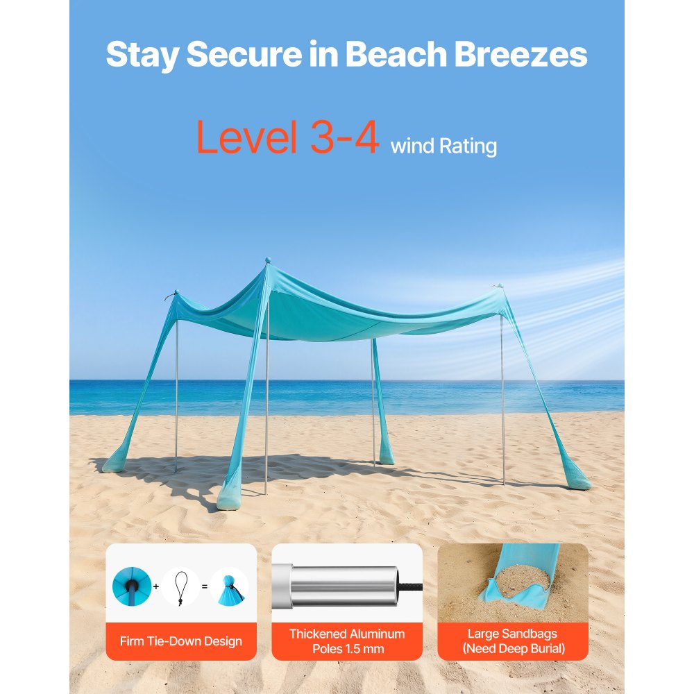 VEVOR Beach Tent Sun Shelter, UPF50+ Sun Protection, 6.6 ft Tall, 10 x 10 ft, Easy Pop Up Beach Canopy with Sandbags, Stability Poles, Sand Shovels, Portable Shade for Family Outings, Camping, Fishing