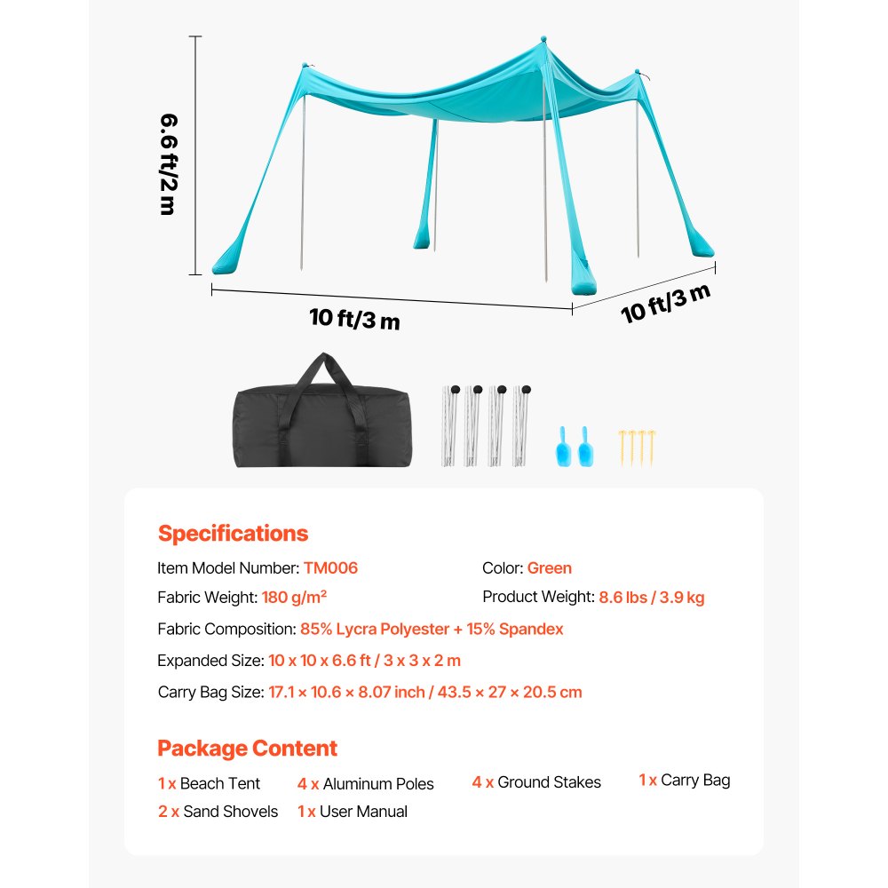 VEVOR Beach Tent Sun Shelter, UPF50+ Sun Protection, 6.6 ft Tall, 10 x 10 ft, Easy Pop Up Beach Canopy with Sandbags, Stability Poles, Sand Shovels, Portable Shade for Family Outings, Camping, Fishing