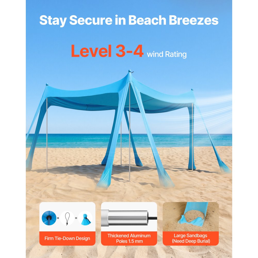 VEVOR Beach Tent Sun Shelter, UPF50+ Sun Protection, 6.6 ft Tall, 10 x 10 ft, Easy Pop Up Beach Canopy with Sandbags, Stability Poles, Sand Shovels, Portable Shade for Family, Camping, Fishing, Blue