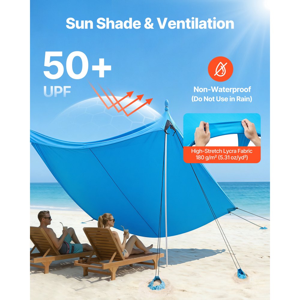 VEVOR Beach Tent Sun Shelter, UPF50+ Sun Protection, 6.6 ft Tall, 10x10 ft, Easy Pop Up Beach Canopy with 8 Sandbags, Stability Poles, Sand Shovels, Portable Shade for Family Outings, Camping, Fishing