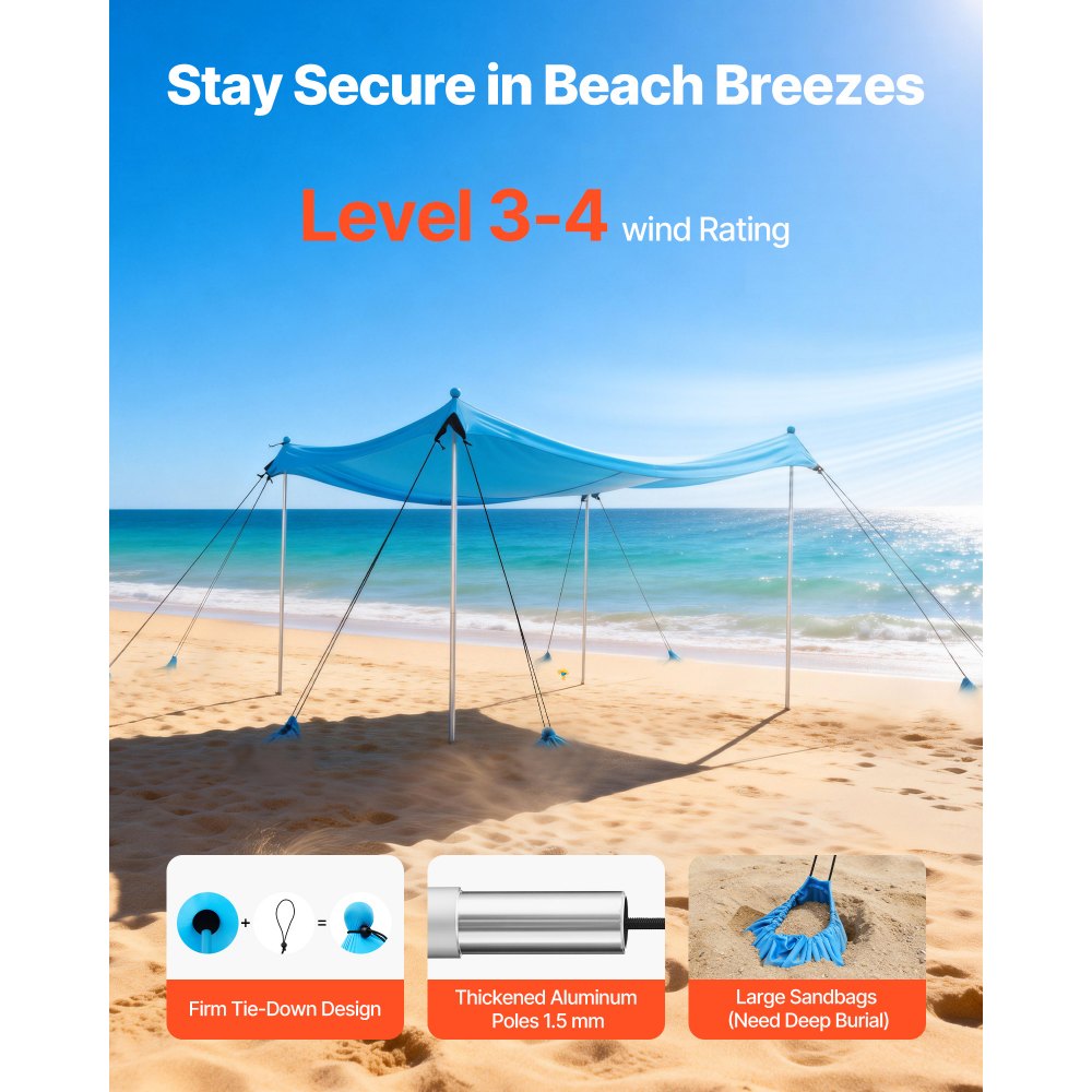 VEVOR Beach Tent Sun Shelter, UPF50+ Sun Protection, 6.6 ft Tall, 10x10 ft, Easy Pop Up Beach Canopy with 8 Sandbags, Stability Poles, Sand Shovels, Portable Shade for Family Outings, Camping, Fishing