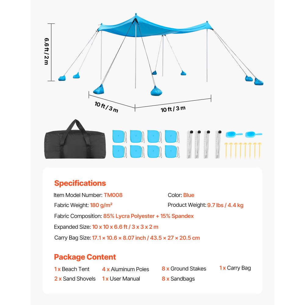 VEVOR Beach Tent Sun Shelter, UPF50+ Sun Protection, 6.6 ft Tall, 10x10 ft, Easy Pop Up Beach Canopy with 8 Sandbags, Stability Poles, Sand Shovels, Portable Shade for Family Outings, Camping, Fishing