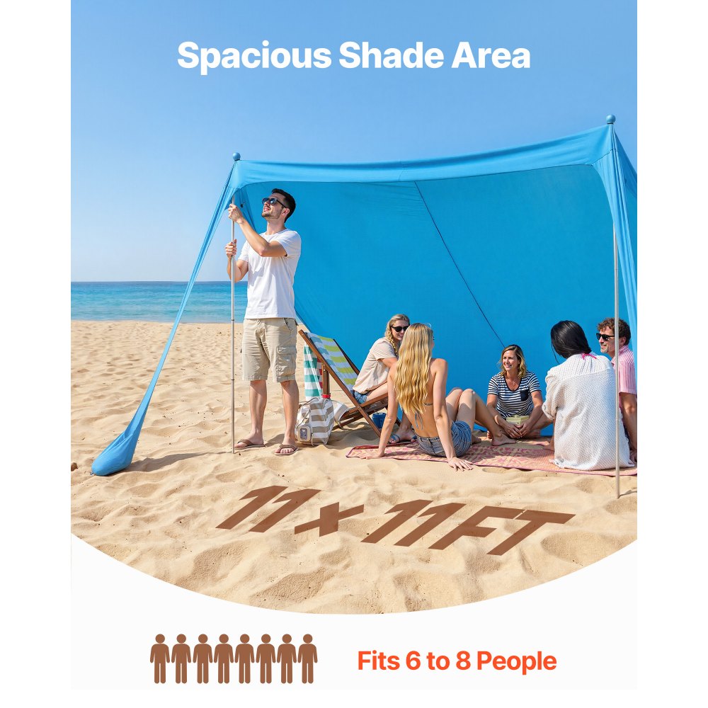 VEVOR Beach Tent Sun Shelter, UPF50+ Sun Protection, 6.6 ft Tall, 11 x 11 ft, Easy Pop Up Beach Canopy with Sandbags, Stability Poles, Sand Shovels, Portable Shade for Family Outings, Camping, Fishing