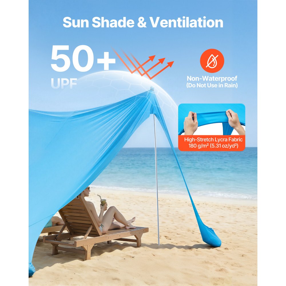 VEVOR Beach Tent Sun Shelter, UPF50+ Sun Protection, 6.6 ft Tall, 11 x 11 ft, Easy Pop Up Beach Canopy with Sandbags, Stability Poles, Sand Shovels, Portable Shade for Family Outings, Camping, Fishing