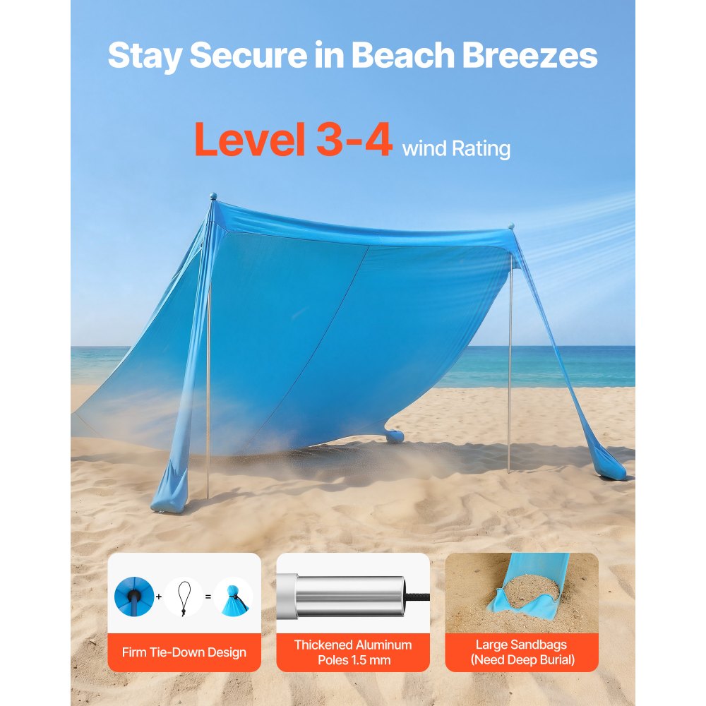 VEVOR Beach Tent Sun Shelter, UPF50+ Sun Protection, 6.6 ft Tall, 11 x 11 ft, Easy Pop Up Beach Canopy with Sandbags, Stability Poles, Sand Shovels, Portable Shade for Family Outings, Camping, Fishing