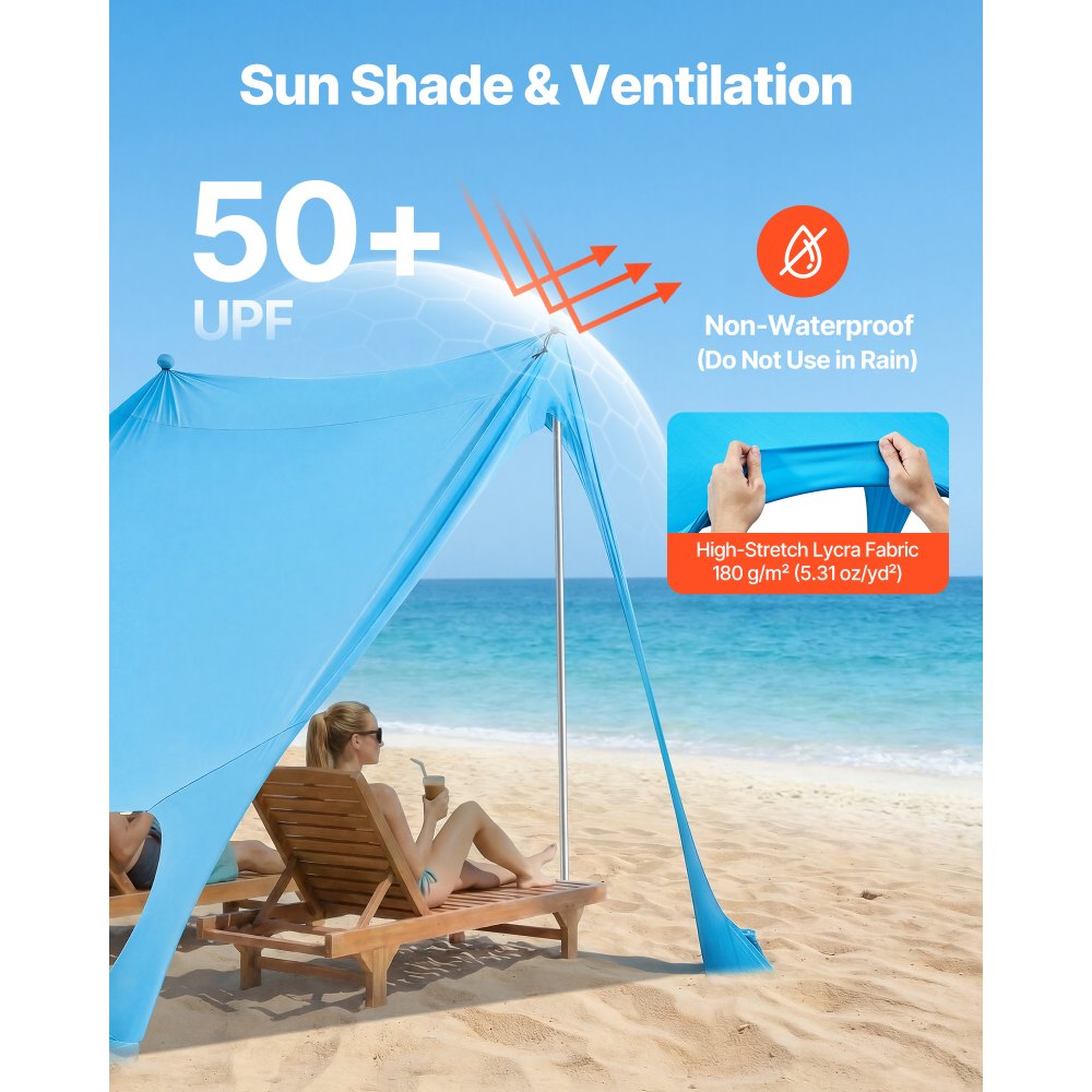 VEVOR Beach Tent Sun Shelter UPF50 Sun Protection 6.6 ft Tall 7.5x7.5 ft Easy Pop Up Beach Canopy with Sandbags Stability Poles Sand Shovels