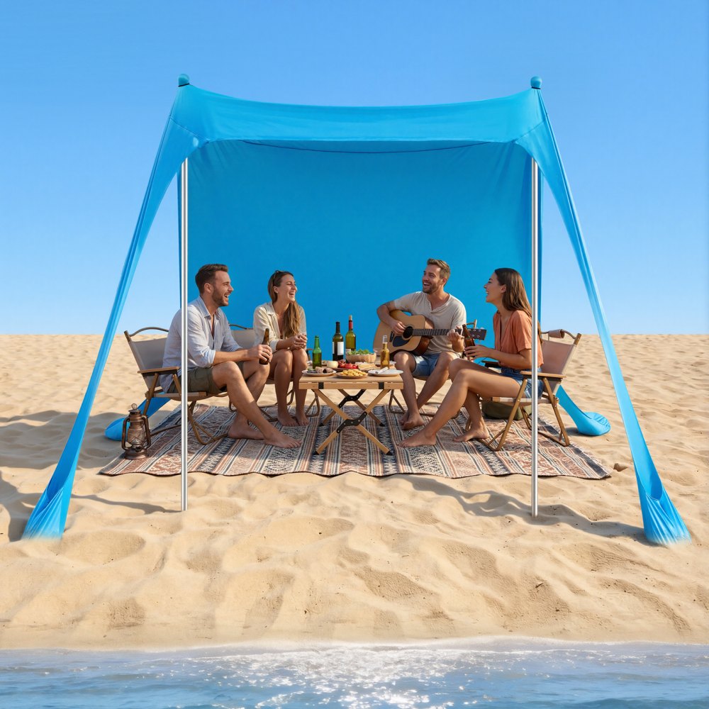 VEVOR Beach Tent Sun Shelter UPF50 Sun Protection 6.6 ft Tall 7.5x7.5 ft Easy Pop Up Beach Canopy with Sandbags Stability Poles Sand Shovels