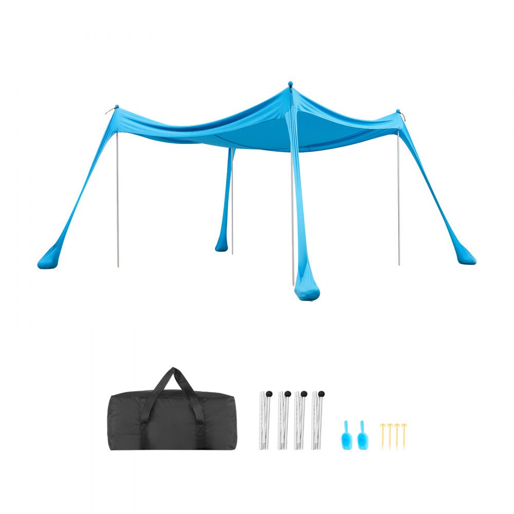 VEVOR Beach Tent Sun Shelter, UPF50+ Sun Protection, 6.6 ft Tall, 10x10 ft, Easy Pop Up Beach Canopy with 4 Sandbags, Stability Poles, Sand Shovels, Portable Shade for Family Outings, Camping, Fishing