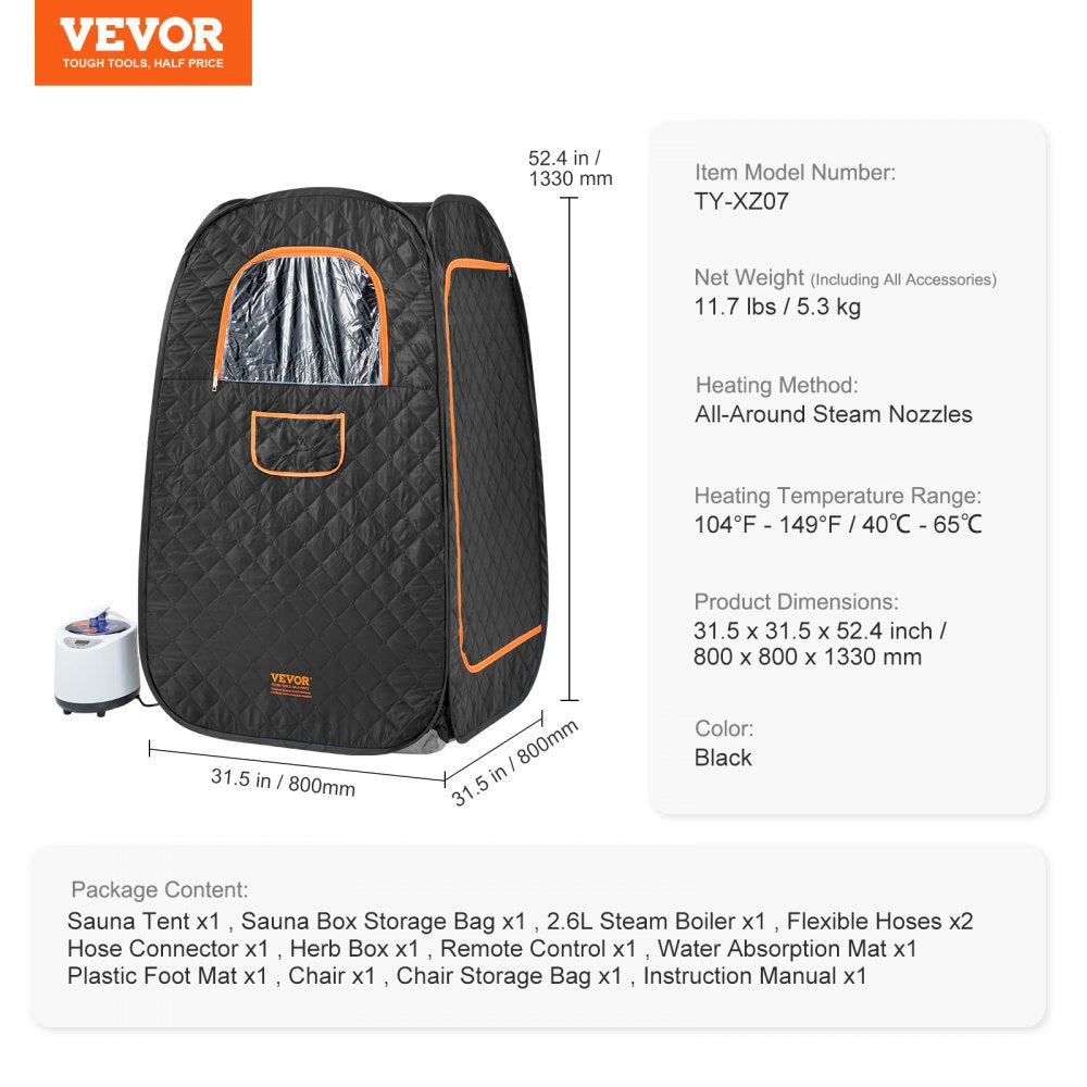 VEVOR Compact Portable Steam Sauna Tent, 1200 Watt Sauna Blanket with Chair & Storage Bag, Home Therapeutic Sauna Tent for Detox Relaxation, Time & Temperature Remote Control Personal Sauna for Home