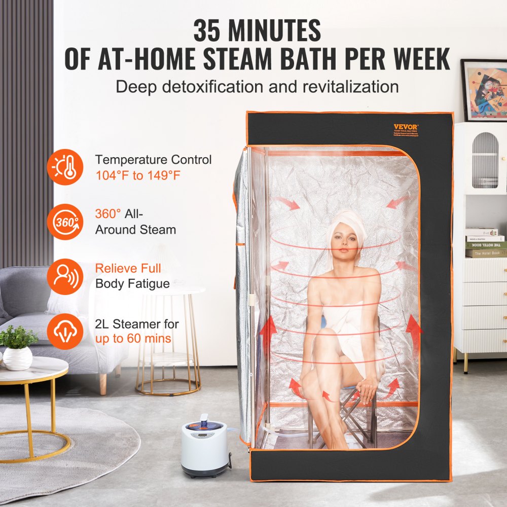 VEVOR Portable Steam Sauna Tent Full Size, 1200W With Visible Window, Personal Sauna Blanket Kit for Home Spa, Detoxify & Soothing Heated Body Therapy,Time&Temperature Remote Control with Chair,Black