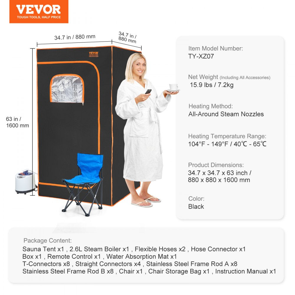 VEVOR Portable Steam Sauna Tent Full Size, 1200W With Visible Window, Personal Sauna Blanket Kit for Home Spa, Detoxify & Soothing Heated Body Therapy,Time&Temperature Remote Control with Chair,Black
