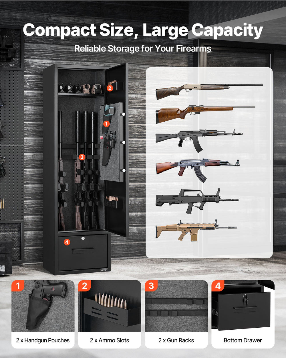 VEVOR 4 gun safe compact size large capacity - handgun pouches, ammo slots, gun racks, bottom drawer