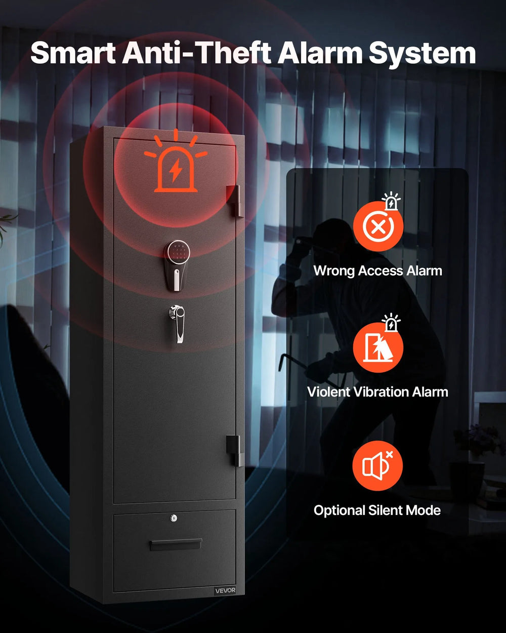 VEVOR 4 gun safe smart anti-theft alarm system - wrong access alarm, violent vibration alarm, optional silent mode