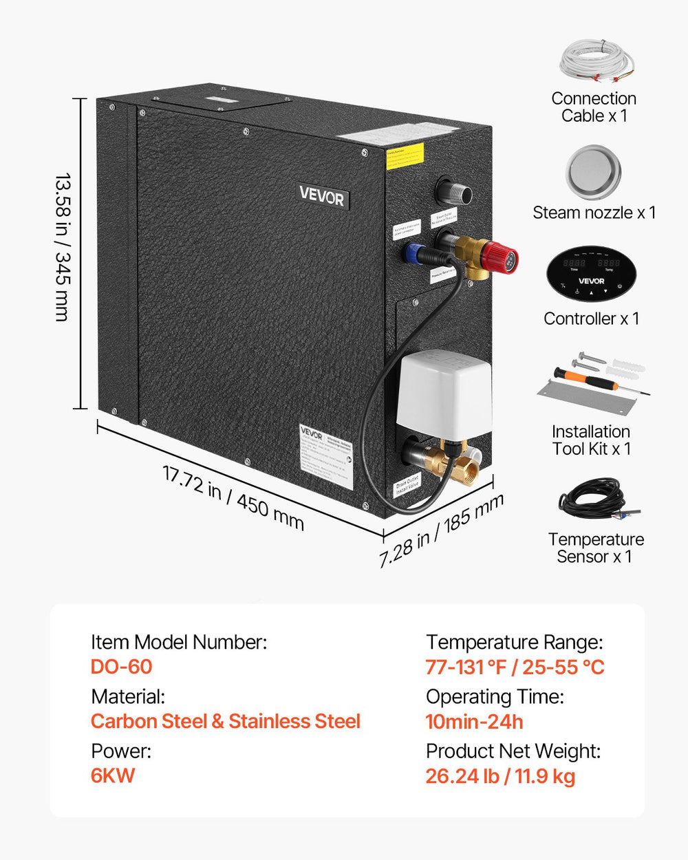 VEVOR Steam Generator, 6 kW Steam Shower System with Controller for Home Sauna Bath Spa, Commercial Auto Drain Kit with Overheat, Dry-Run & Overpressure Protection, 10 Min to 24h Efficient, Black