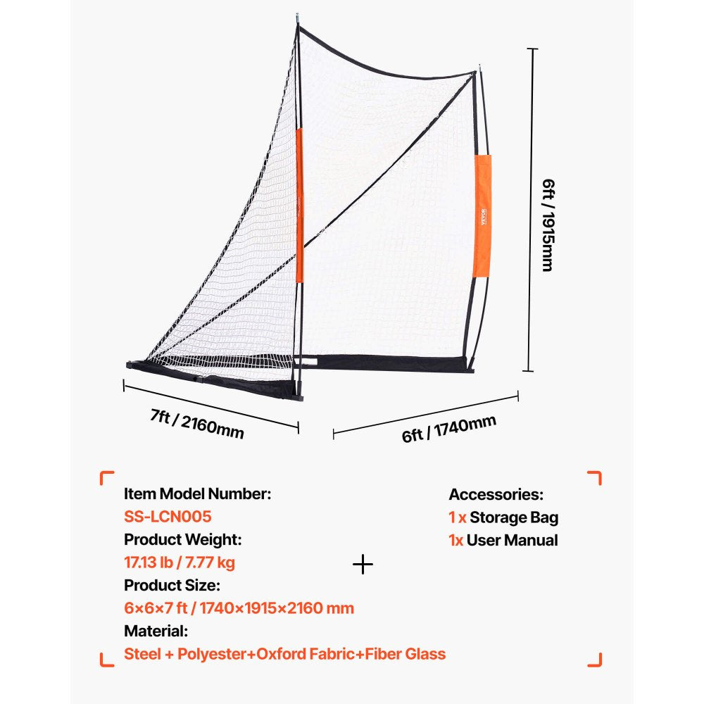 VEVOR Lacrosse Goal, 6' x 6' Lacrosse Net, Portable Lacrosse Goal with Carry Bag, Fiberglass Rod Backyard Lacrosse Training Equipment, Easy Setup Collegiate Goal, Perfect for Youth Adult Training
