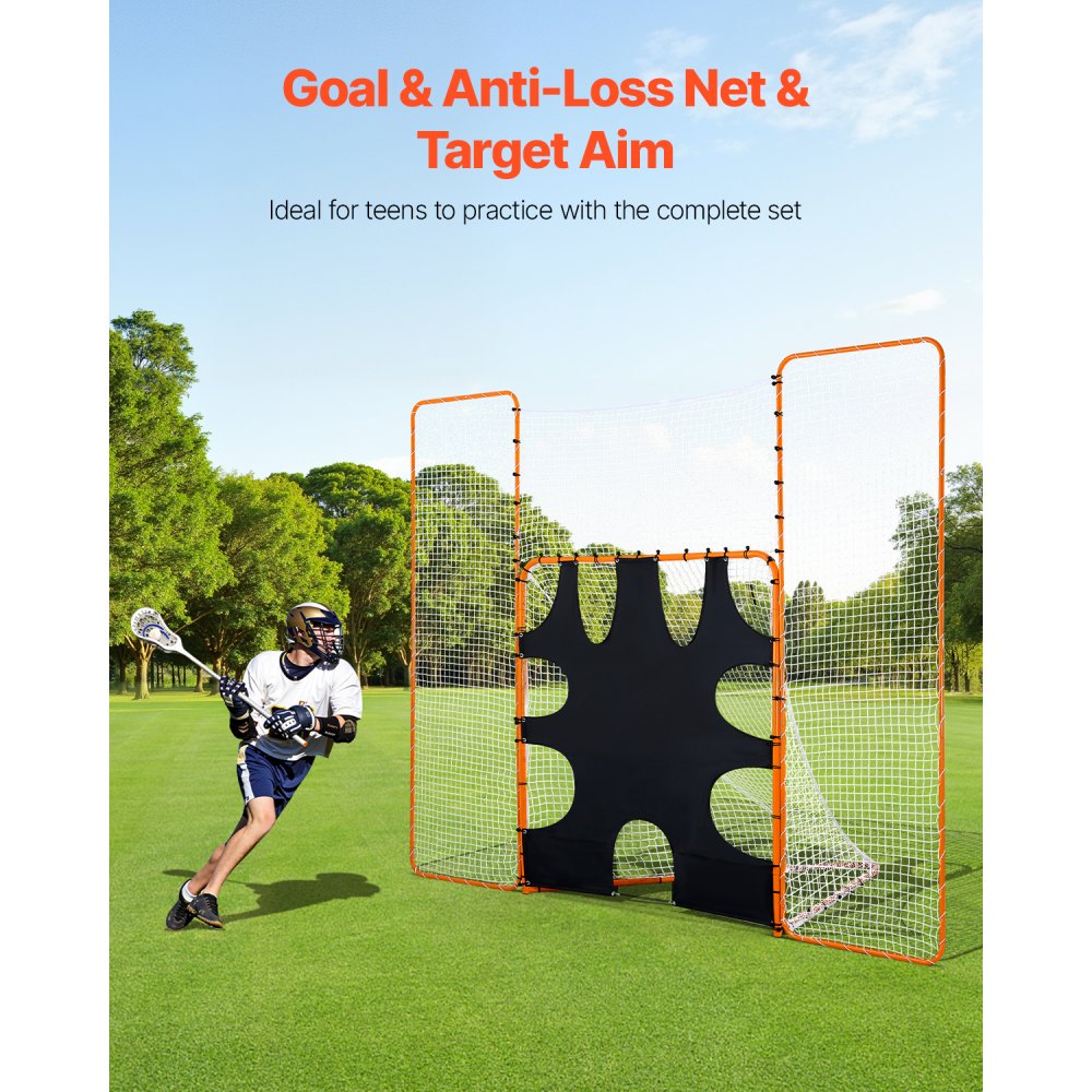 VEVOR 3-IN-1 Lacrosse Goal, 12x9 ft Lacrosse Net with Backstop and Target, Quick & Easy Setup Backyard Rebounder Equipment, Steel Frame Training Nets, Suitable for Youth Adult Training, Orange