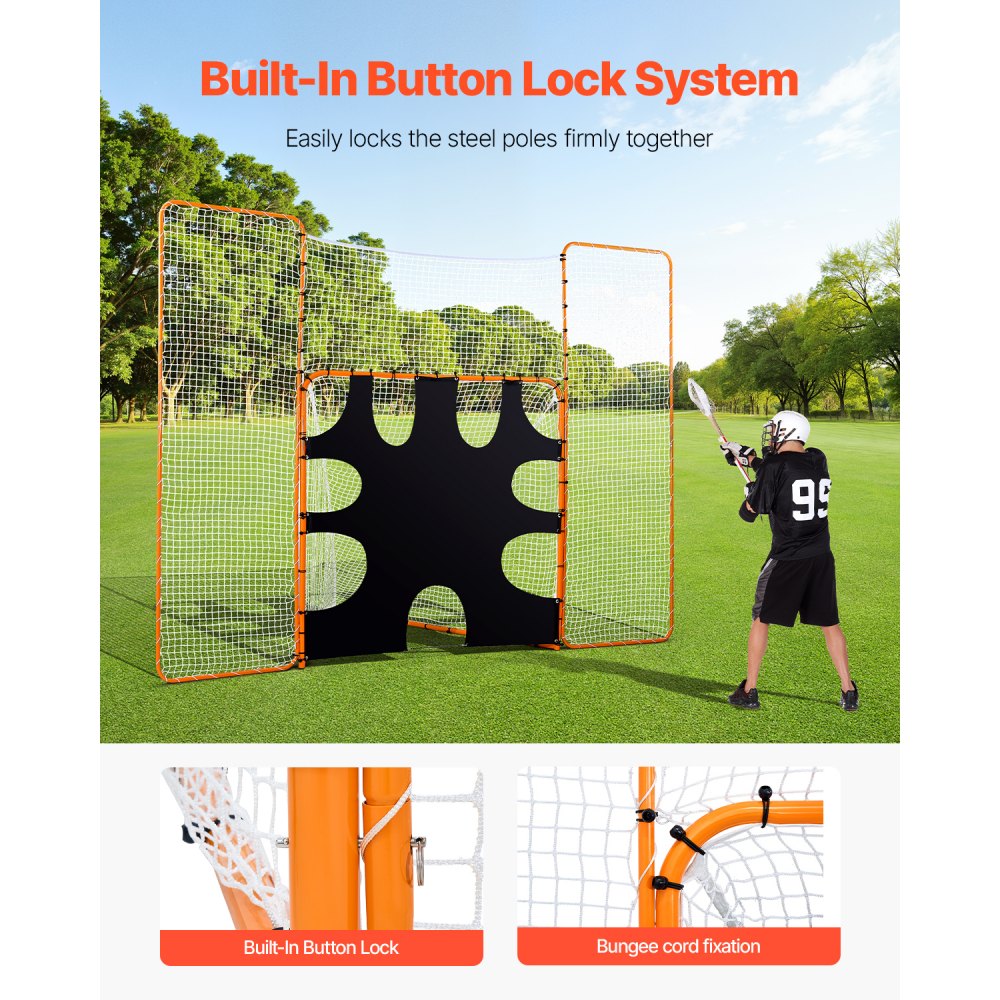 VEVOR 3-IN-1 Lacrosse Goal, 12x9 ft Lacrosse Net with Backstop and Target, Quick & Easy Setup Backyard Rebounder Equipment, Steel Frame Training Nets, Suitable for Youth Adult Training, Orange