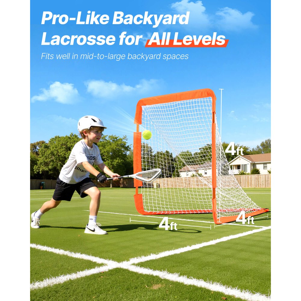 VEVOR Lacrosse Goal, 4' x 4' Small Kids Lacrosse Net, Folding Portable Lacrosse Goal with Carry Bag, Iron Frame Backyard Training Equipment, Quick & Easy Setup, Perfect for Youth Training, Orange